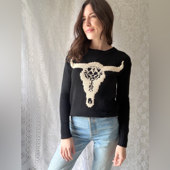 Western Bull Skull Sweater Desert Graphic Knit Pullover - Picture 10 of 16